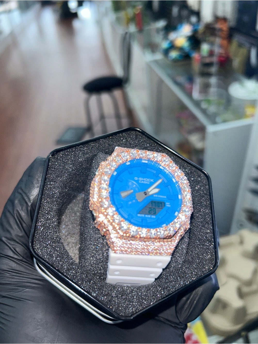 G-Shock Blue Dial Rose Gold Crystal Bezel with White Band